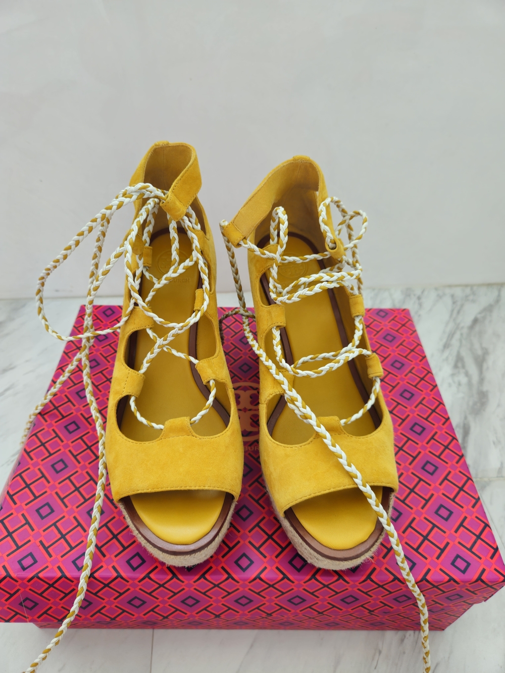 Tory Burch Yellow Suede Lace-Up Wedge Sandals